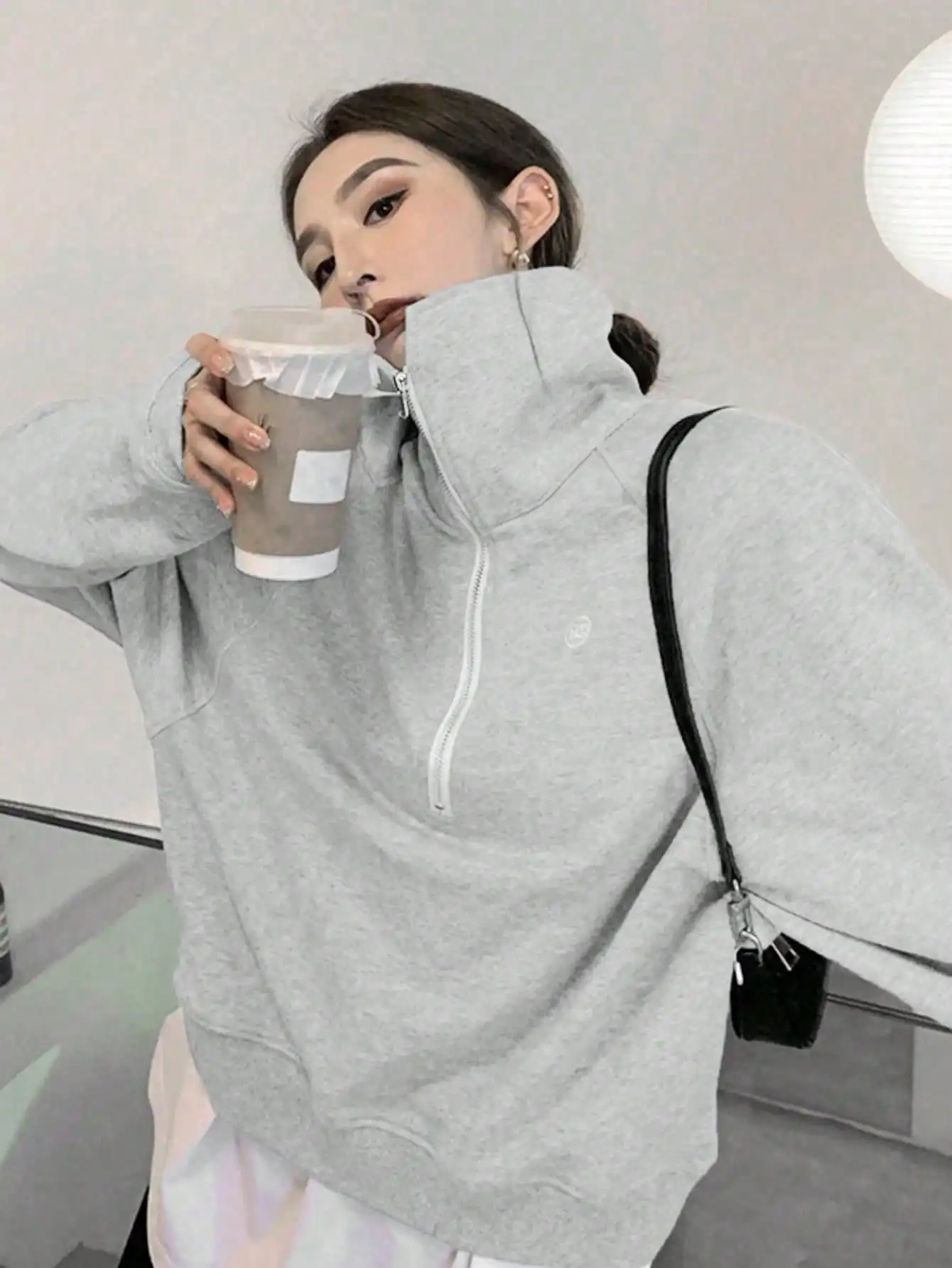 

Korean Style 2025 Spring New Half Turtleneck Zipper Sweatshirt for Women Pure Color Mid-Length Loose Age-Reducing Long-Sleeved Top