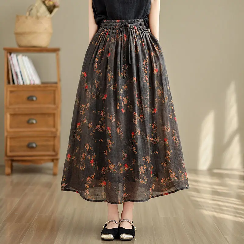 

Floral Midi Skirt, Women's Large Swing Skirt, Artistic Retro Temperament, Medium Length Printing All Match Midi Skirt