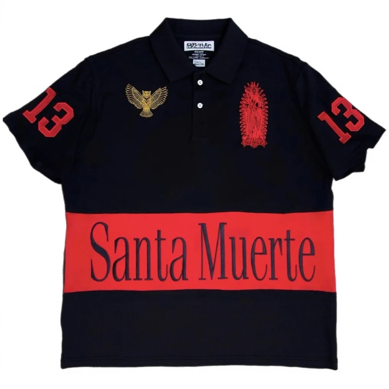 2025 Summer Men's High Street Fashion Embroidery Button Lapel Short Sleeve T-Shirt American Vintage Harajuku Tops Y2k Clothing