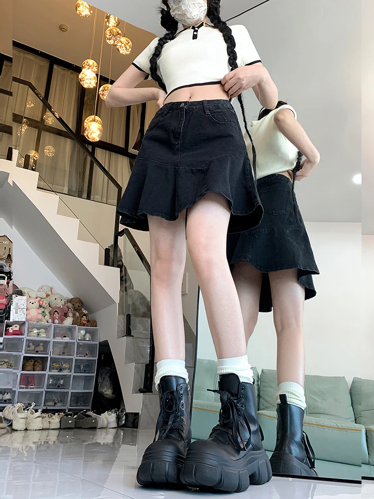 High Waist A-Line Skirt Women's Denim Skirts with Lace Hem Commuter Sle Zipper Closure Korean Sle ort Skirts