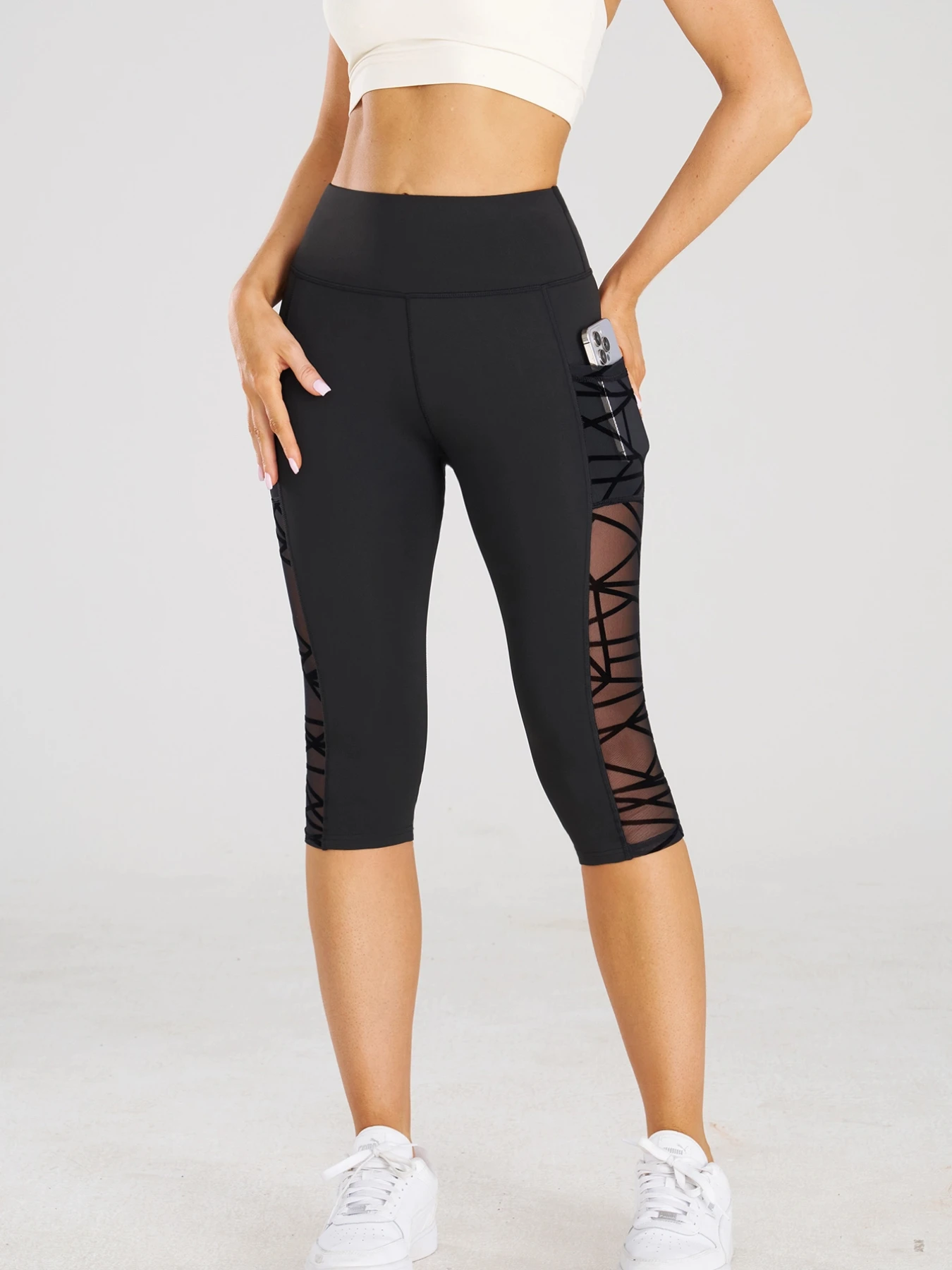 Hohe Taille Yoga Crop Hosen Leggings mit Taschen Sport Fitness Casual enge Yoga Hosen Side Cross Mesh Stitch Capri Leggings – Detail 7