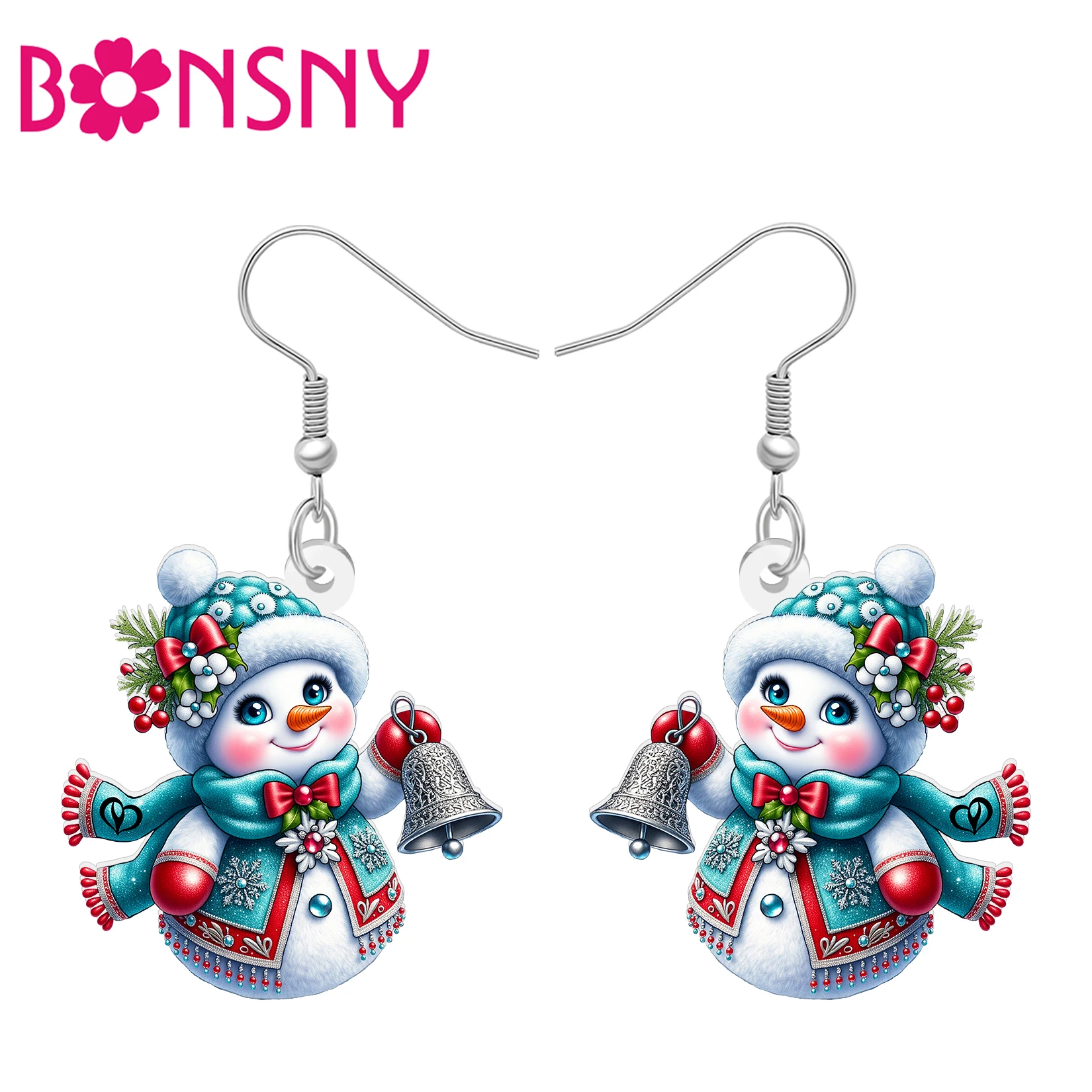 BONSNY Acrylic Christmas Snowman Earrings Cute Cartoon Snow Ball Dangle Winter Costume Jewelry Xmas Gifts For Women Party Favor