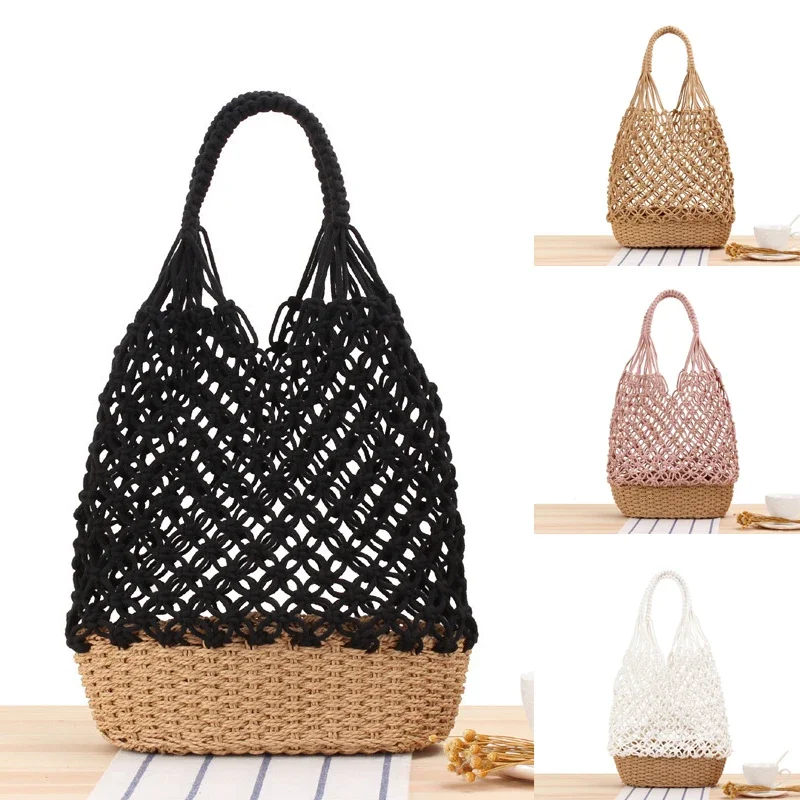 

Women's Retro Shoulder Bag Hollowed Out Handmade Cotton Rope Weaving Grid Tote Bag Summer Travel Beach Bag