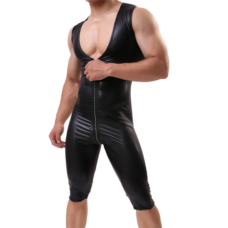 

Mens PU Leather Bodysuits Stage Bodycon Catsuit Zipper Open Crotch Jumpsuits Wrestling Singlet One-piece Leotard Dance Clubwear