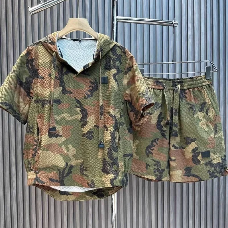 

Men's Casual Camouflage ort Pants Set Breathable Qui Dry Lightweight Summer Outdoor Workwear Two-Piece Suit Loose Fit