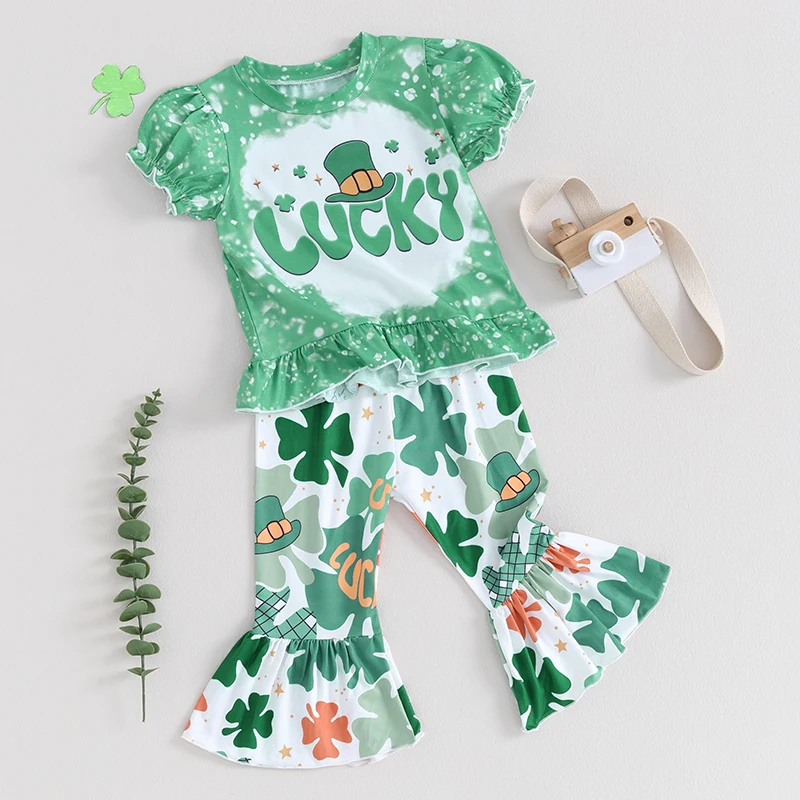 

Toddler Girl St Patricks Day Outfit Lucky St Pattys Day Bubble Shirt and Clover Print Flare Pants Clothes Set