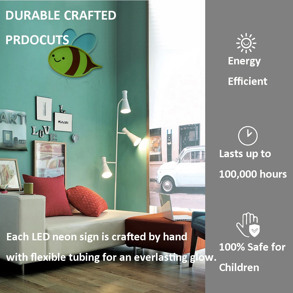 Cute UV Printed Bee Neon Sign Led Friday Night Lights DC12V Dimmable Baby Nursery Room Lamp Plug into Wall for Kids Portable