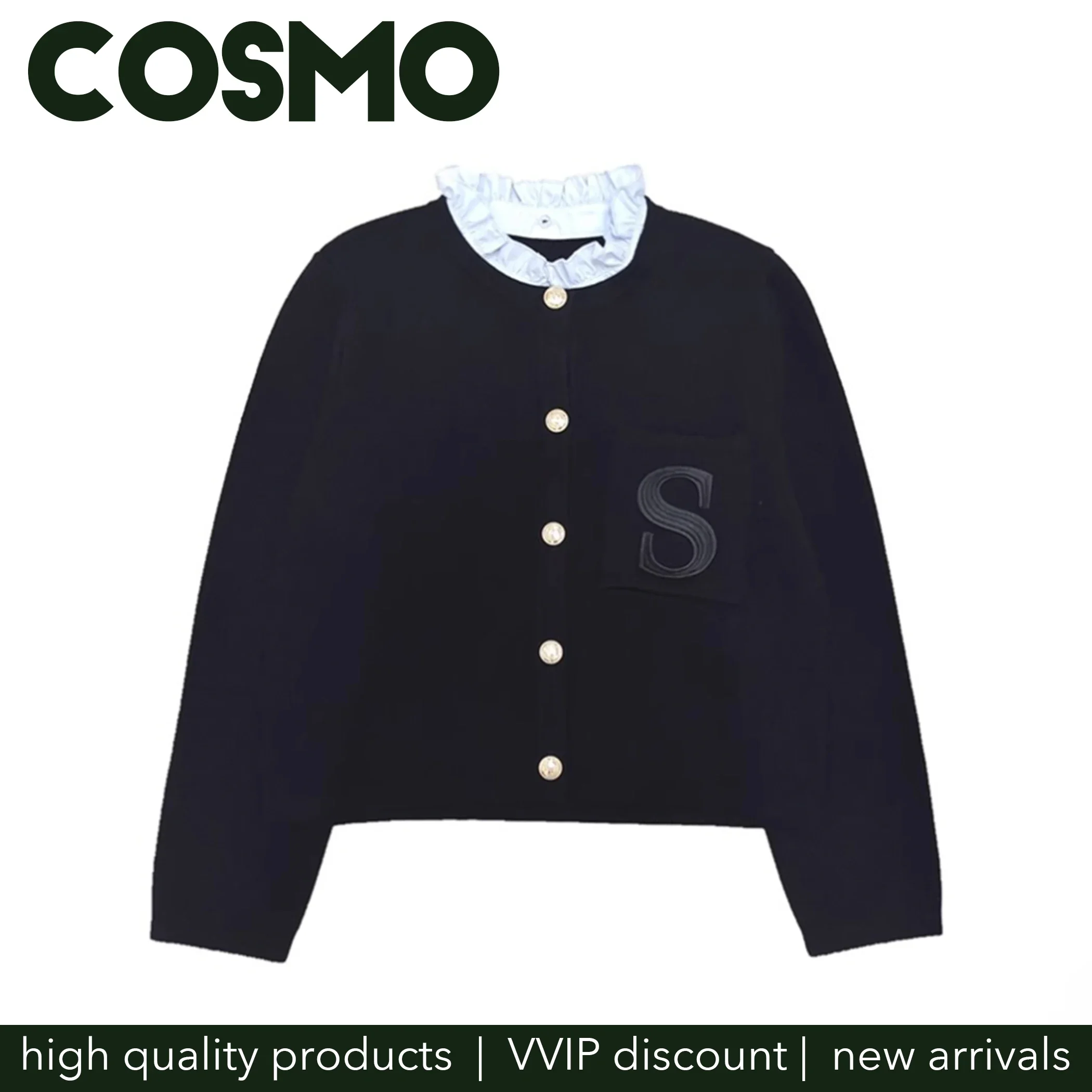 Cosmo 2024 Fall New High Quality Knit Sweater Cardigan for Women Embroidery Details Outwear Jacket Female Fashion Clothing