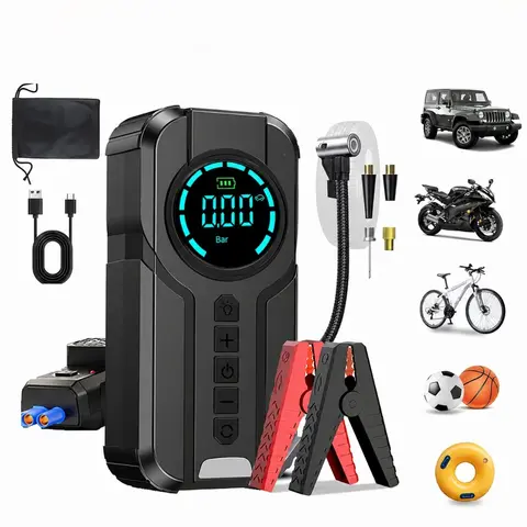 1000A Peak Car Jump Starter 6000mAh Power Bank Built-in 100PSI Tire Inflator Type-C Fast Charging LED Emergency Light 12V Jump Box For Gas Diesel Car Motorcycle Bike Sports Ball