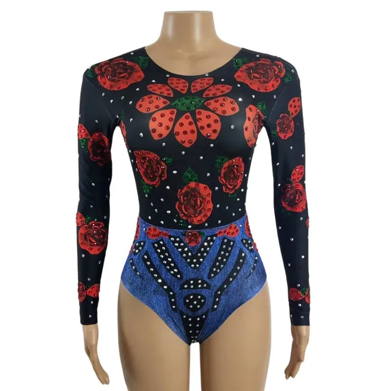 Modern Ballroom Dance Rhinestones Bodysuit Women Printed Long Sleeve Floral Leotard Nightclub Bar Sexy Performance Stage Costume