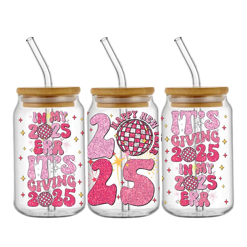 Happy New Year 2025 16oz UV DTF Cup Wrap Libbey Glass Sticker Can Tumbler Transfer for Cup Wraps Libbey