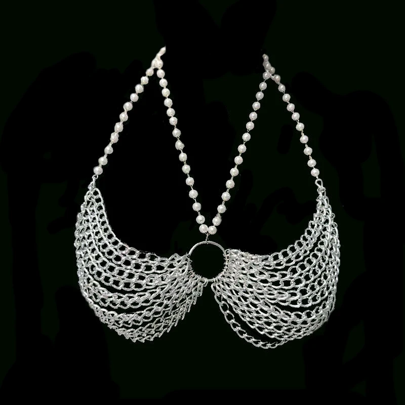 

Fashion Metal Chain Women Tank Top Sexy Backless Pearl Chain Halter Neck Hollow Out Tassel Camisole Rave Festival Crop Tops