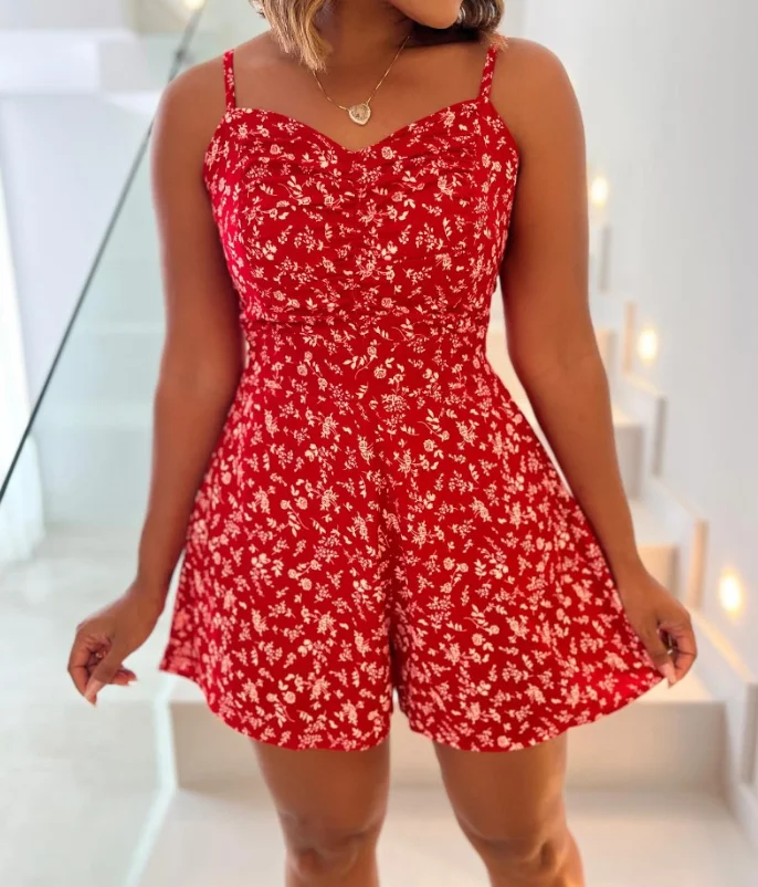 

Jumpsuit Women 2025 Summer New Fashion Ditsy Floral V-Neck Sleeveless Shirred Ruched High Waist Casual Daily Romper