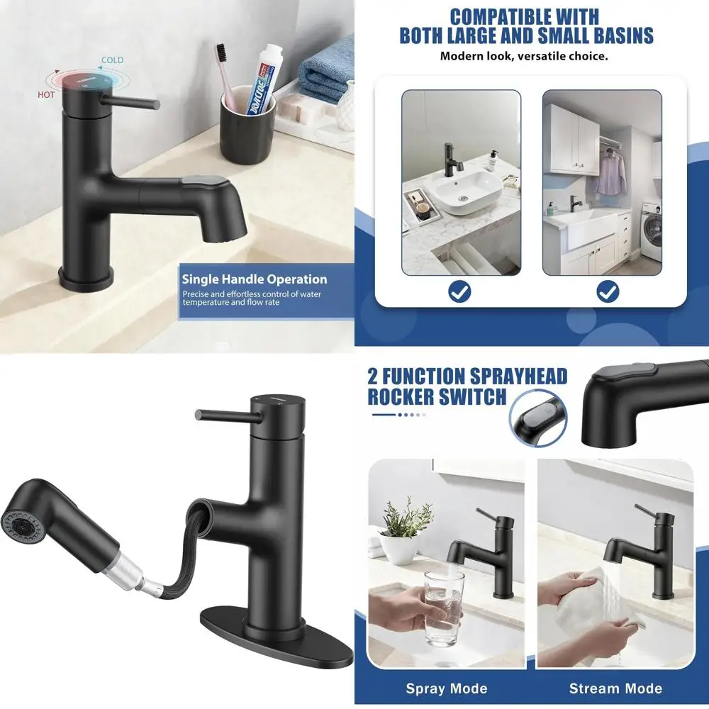 

Matte Black Stainless Steel Single Handle Utility Sink Faucet with Deck Plate and Dual Modes