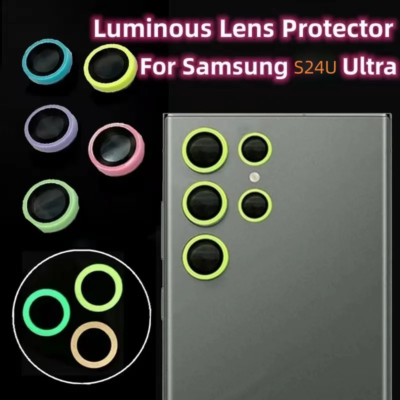 Protector de cámara luminoso para Samsung Galaxy S24 23 Ultra Plus, anillos de lente de cerámica, tapa de película de vidrio templado, cubierta adhesiva