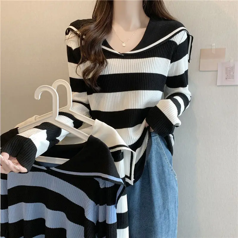 Women\'s Clothing Office Lady Simplicity Casual Fashion Loose T-Shirts Printing Striped O-neck Long Sleeve Pullovers Autumn Thin