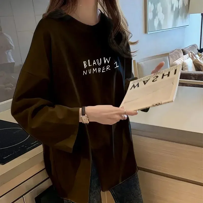 Autumn Women Long Sleeve O-Neck Side Split T-Shirts Harajuku letter print Tees Casual Oversized T Shirt Femme Top Y2k Streetwear