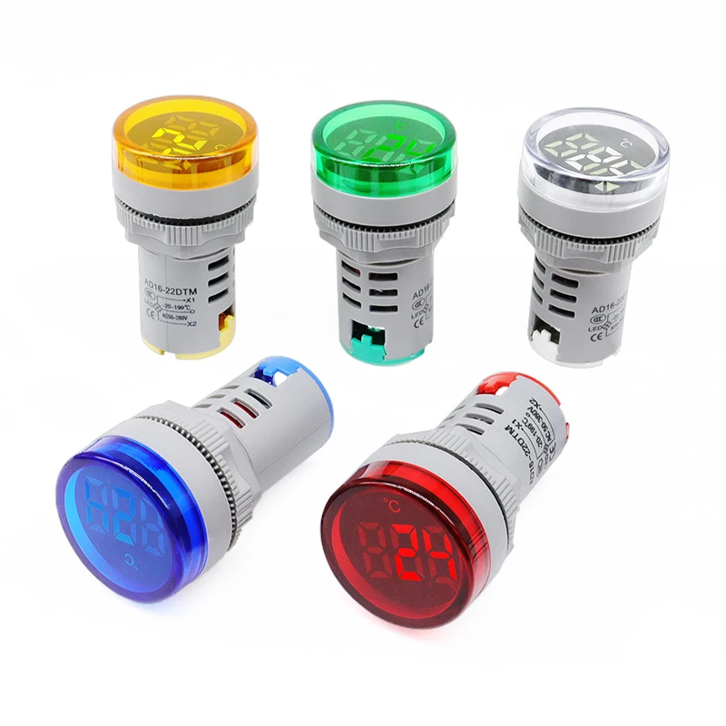 1PC Mini LED Indicator 22mm Round Digital Display Thermometer Meter-20℃~199℃Voltage AC50-380V Temperature Sensing Probe Wire