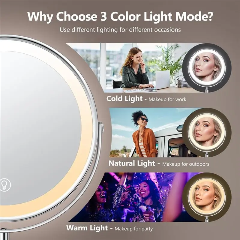Lighted Makeup Mirror, 1X/10X Magnification, Rechargeable Height Adjustable Double-Sided, 3 Color, Brightness Control-A68E