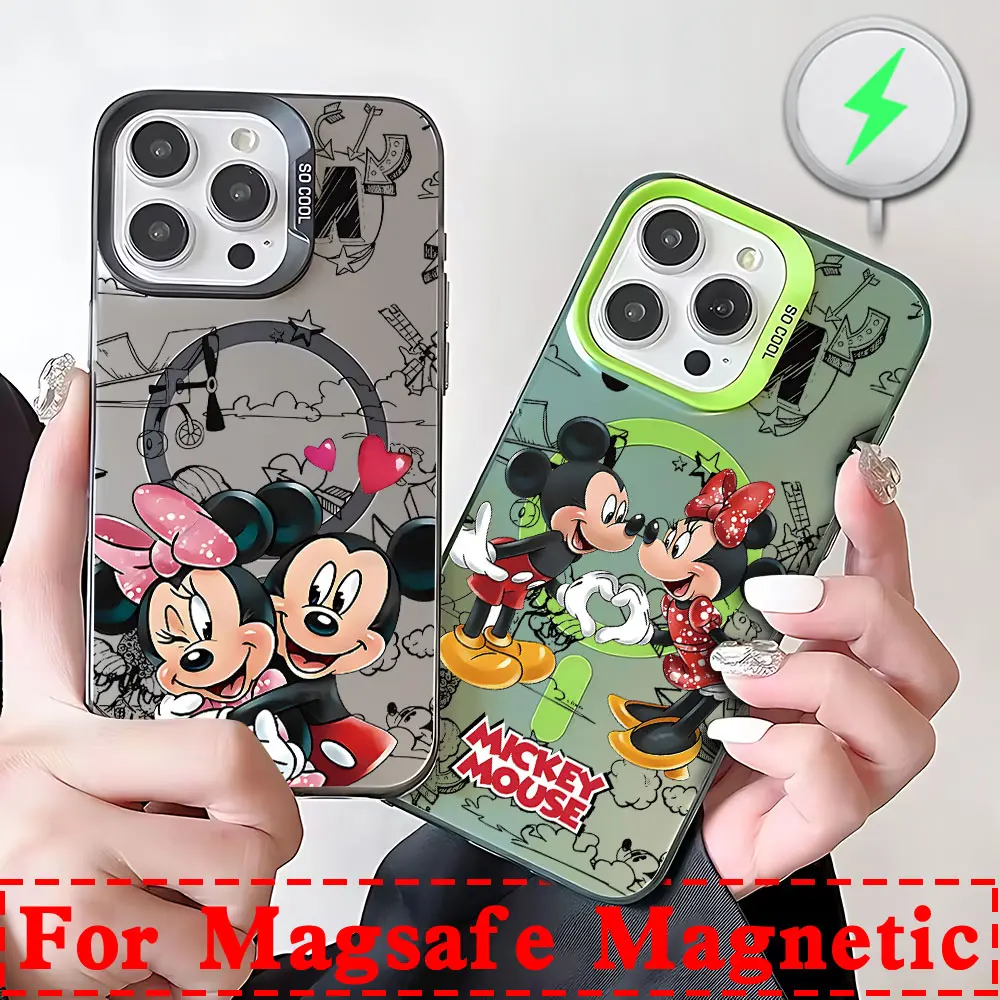 Original Cute Mickey Minnie Magsafe Magnetic Phone Case for IPhone 11 12 13 14 15 16 Pro Max Plus Lens Creative Plated Cover