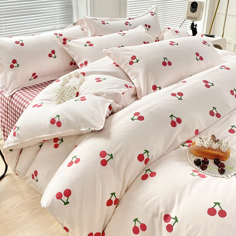 4PC Vibrant Cherry Print Color-block Bedding Set, Soft Breathable All-season Bedding for Sweet Bedrooms & Homestays