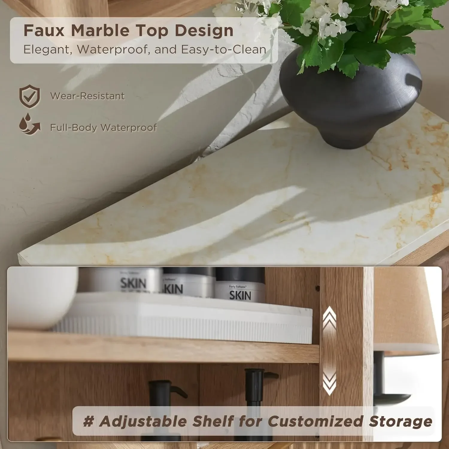 [XMSJ-مخزون محدود، اشتر الآن! ]خزانة حائط للحمام مع باب منزلق مدبب، وخزانة أدوية حديثة مع سطح من الرخام الصناعي وقابل للتعديل