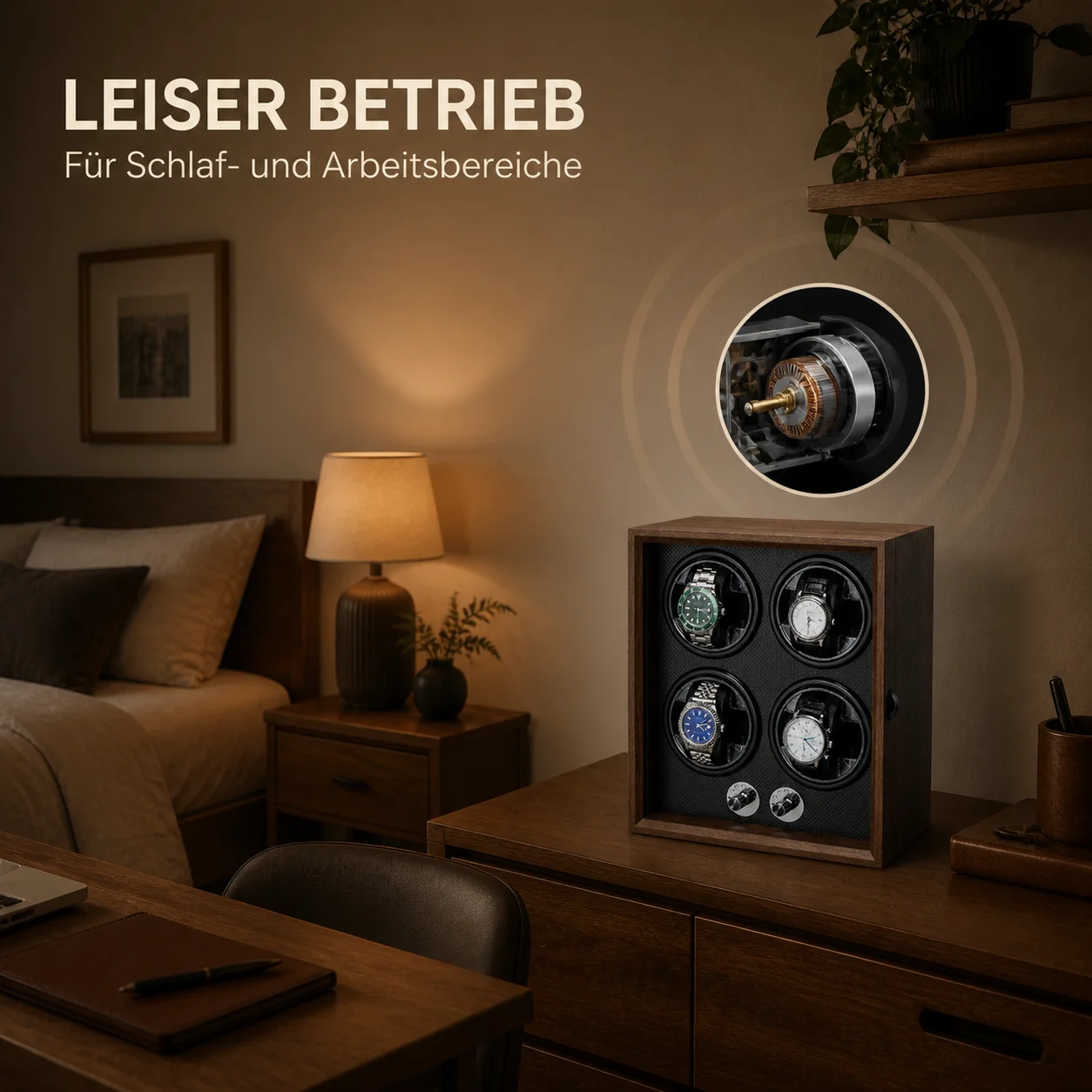 Blossom Watch Winder 2/4 Slots, Quiet Motor, 90° Vertical Rotation, Anti-Magnetic Walnut Grain PET Box with Tempered Glass