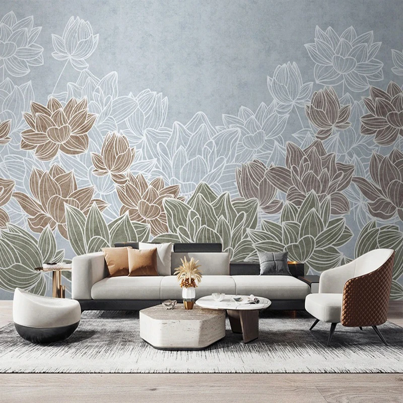 

Abstract Custom Photo Mural New Chinese Style Hand-Painted Line Lotus Flower Pattern Wallpaper TV Sofa Background Home Decor 3D