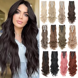 Extensiones de Cabello sintético de 24 pulgadas para mujeres y niñas, Clips de Clip de cabeza completa, onda corporal, 12 unids/set