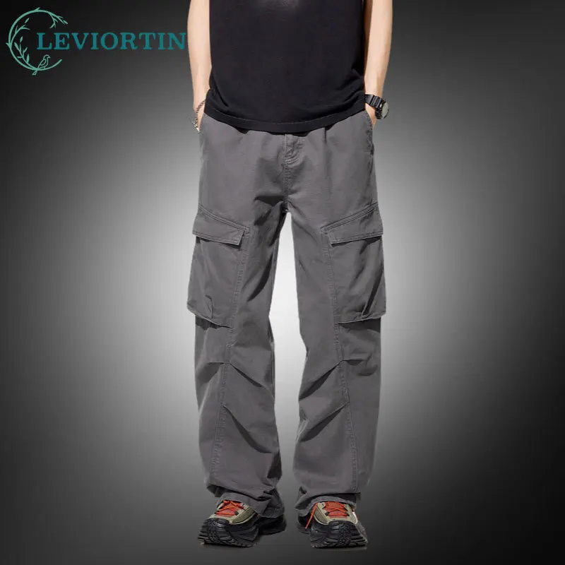 

Мужские бежевые брюки-карго в стиле ретро, летние свободные прямые широкие брюки с боковыми карманами, дышащая хлопковая смесь и уличная одежда