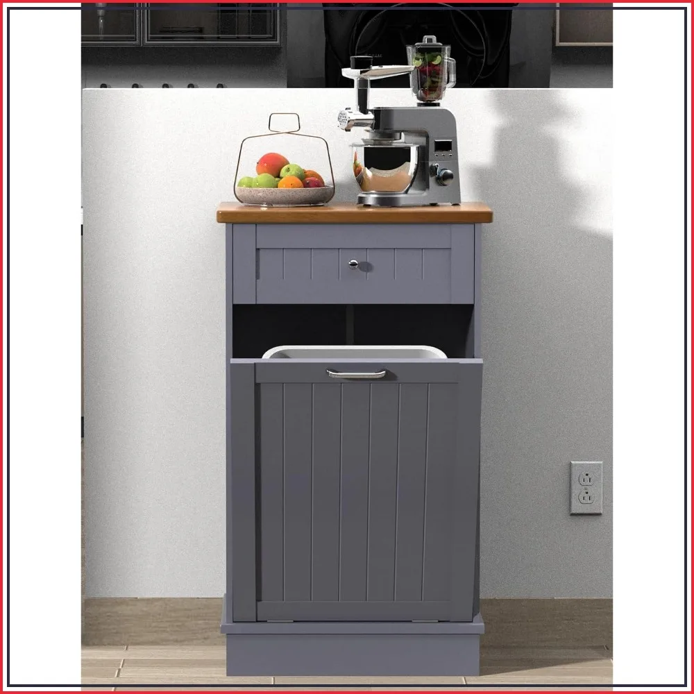 Tilt Out Trash Cabinet, Beadboard Kitchen Island, Solid Wood Top, Pet Proof, Grey