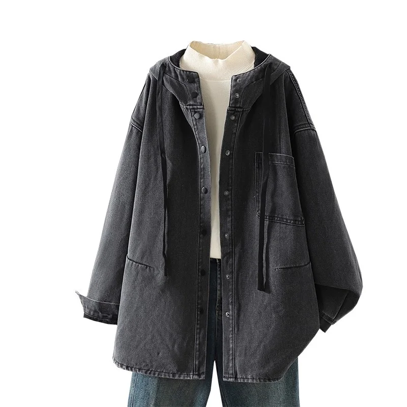 대형 사이즈 루즈하고 푹신한 두꺼운 데님 셔츠 재킷 여성용 따뜻한 탑 좋은 품질의 후드 청바지 코트 w1368