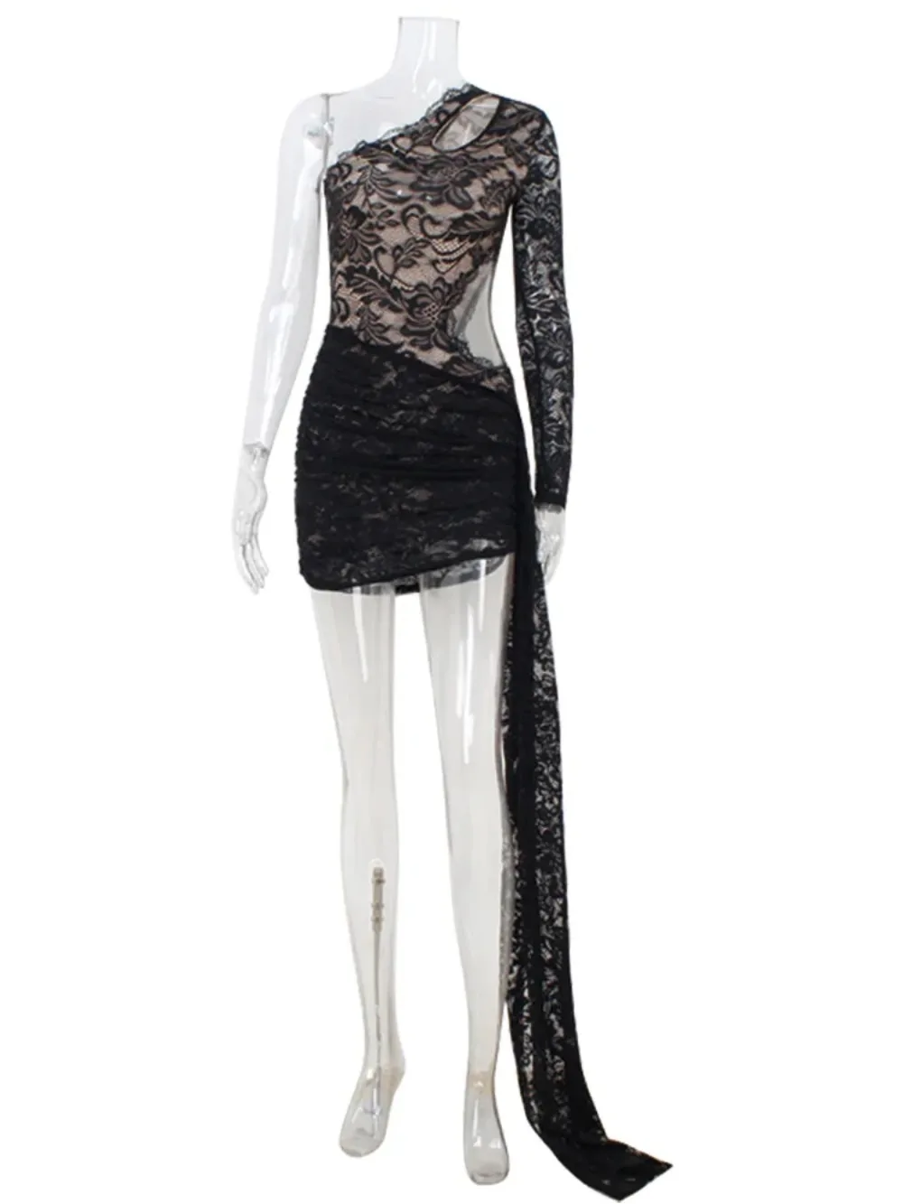 Spitze Aushöhlen Sheer Hüfte Wrap Solide Mode Frauen Kleider Eine Schulter Langarm Sexy Club Party Weibliche Bodycon Roben