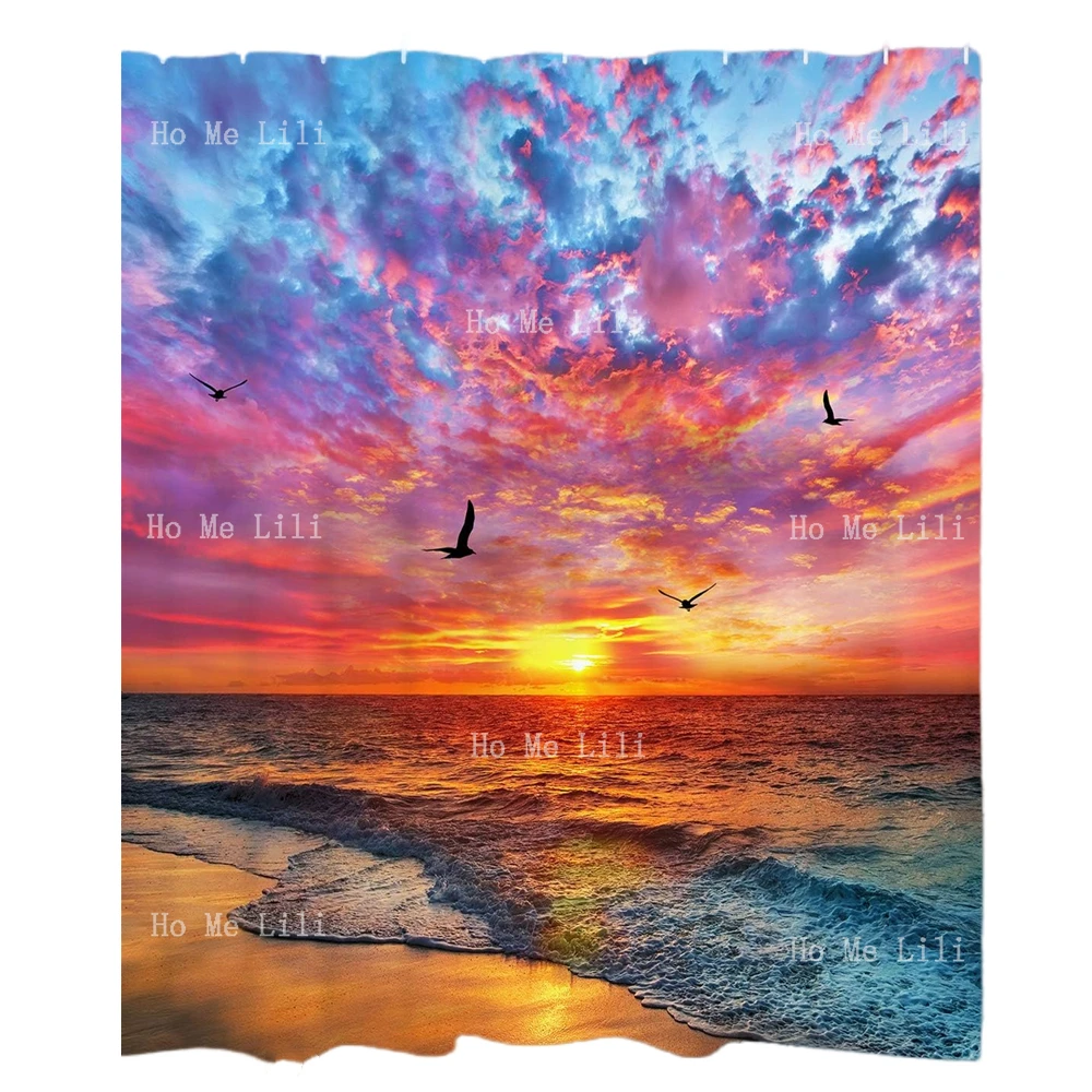 Beach Seagull Seaside Sunset Ocean Waves Blue Sky Coastal Sun Rays Shower Curtain With 12 Hooks