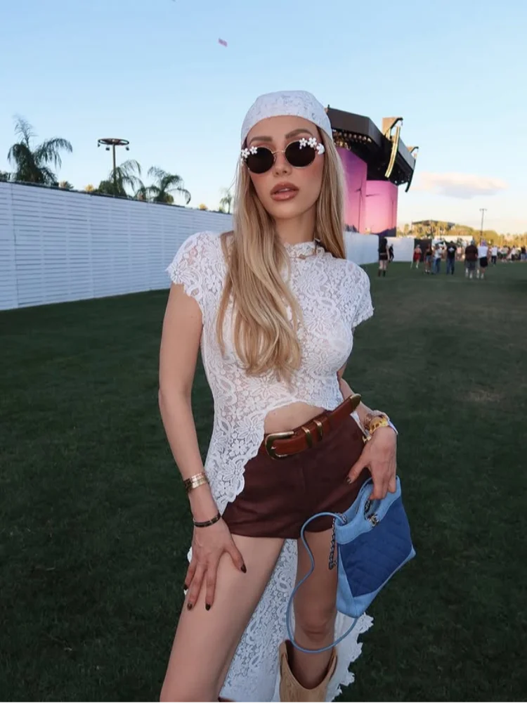 Hollow Out Lace Long Cardigan Pant Sets Short Sleeve O Neck Crop Top High Waist Wide Leg Trousers 2026 New Lady Festival Outfits
