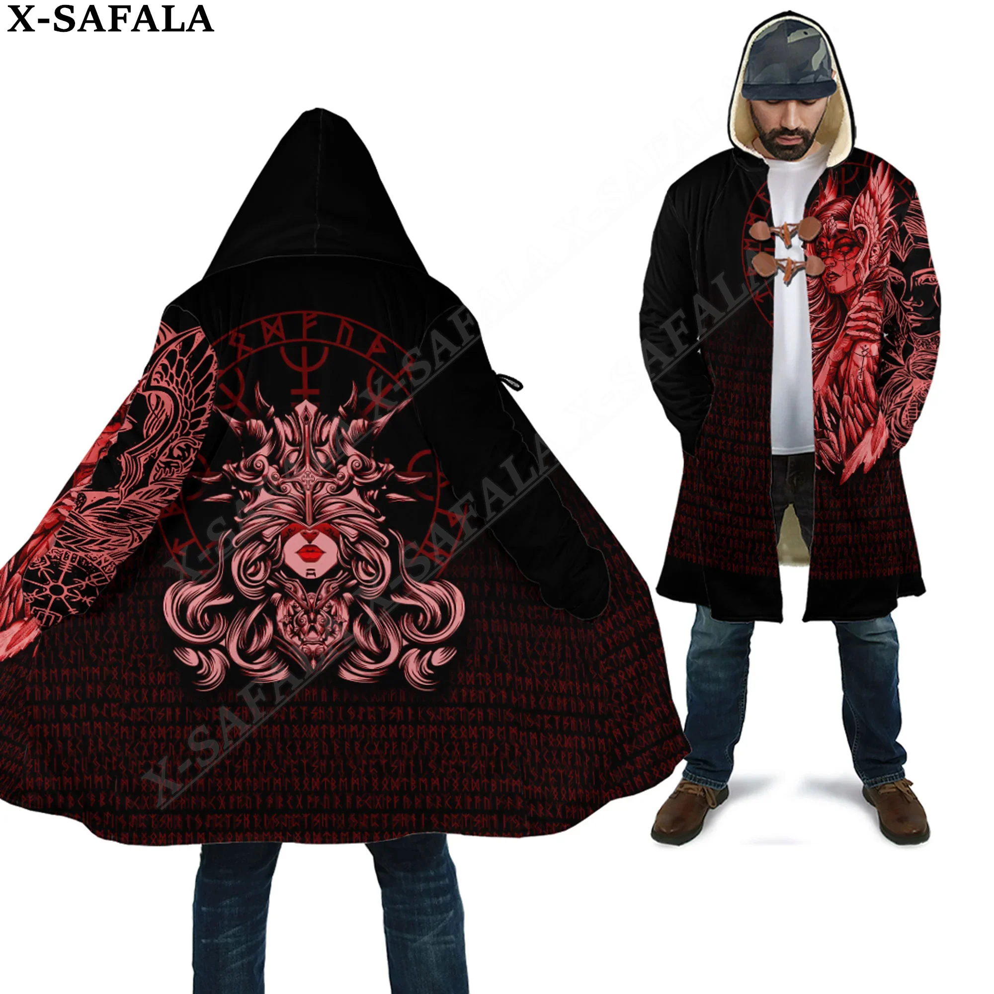 The Valkyries Turquoise Tattoo Symbol Viking Overcoat Coat 3D Print Thick Warm Hooded Cloak  Men Windproof Fleece Unisex-2