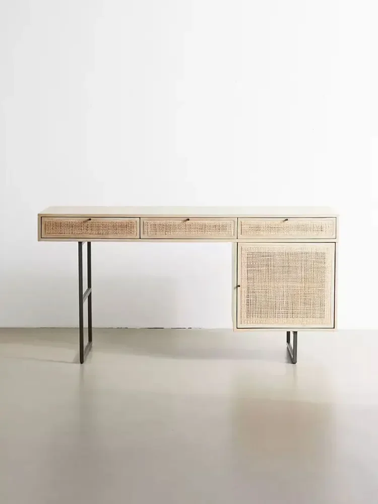 Nordic solid wood desk vintage rattan desk computer small household quiet wind dresser