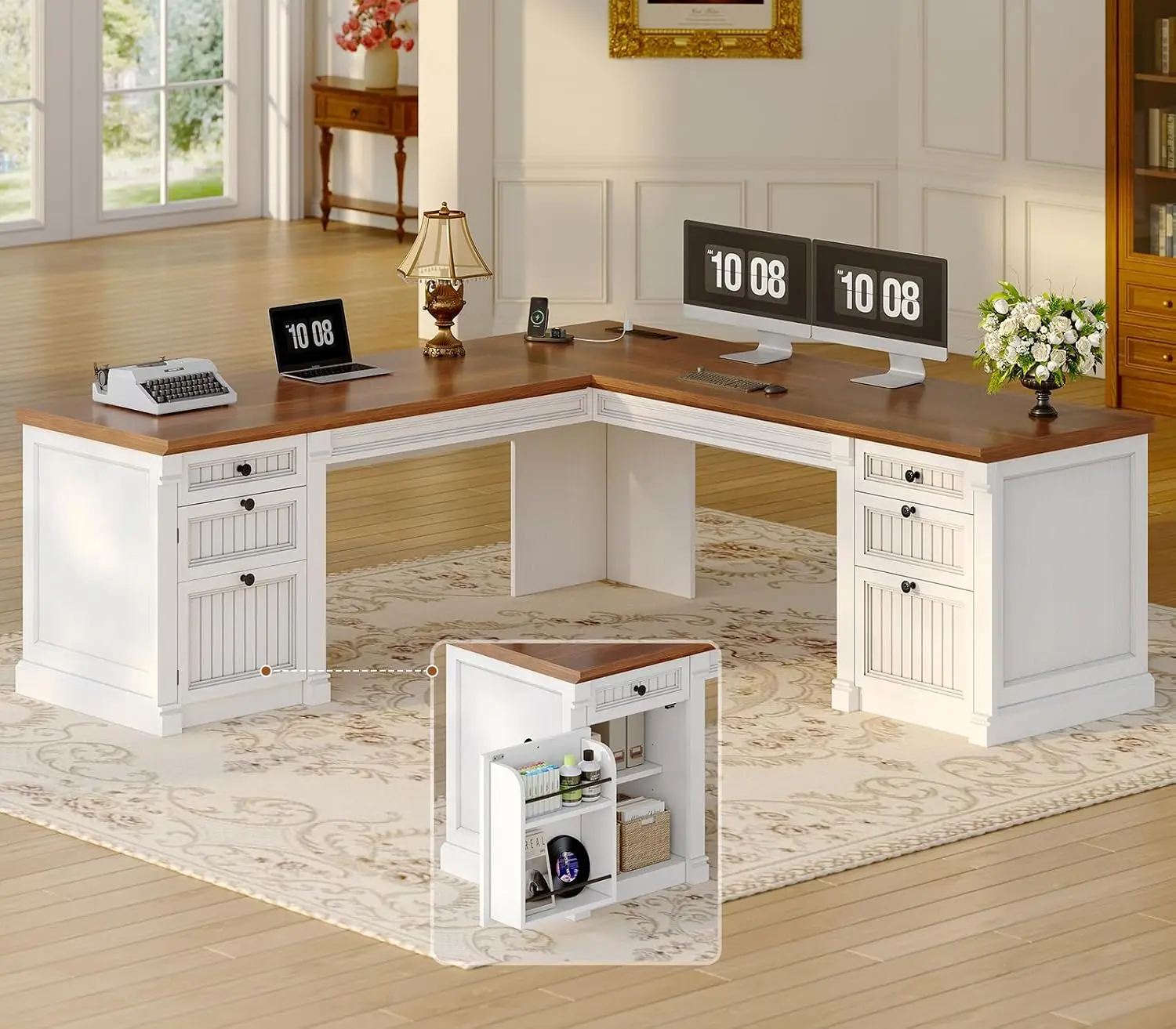 L Shaped Office Desk with 4 Drawers Storage, 67