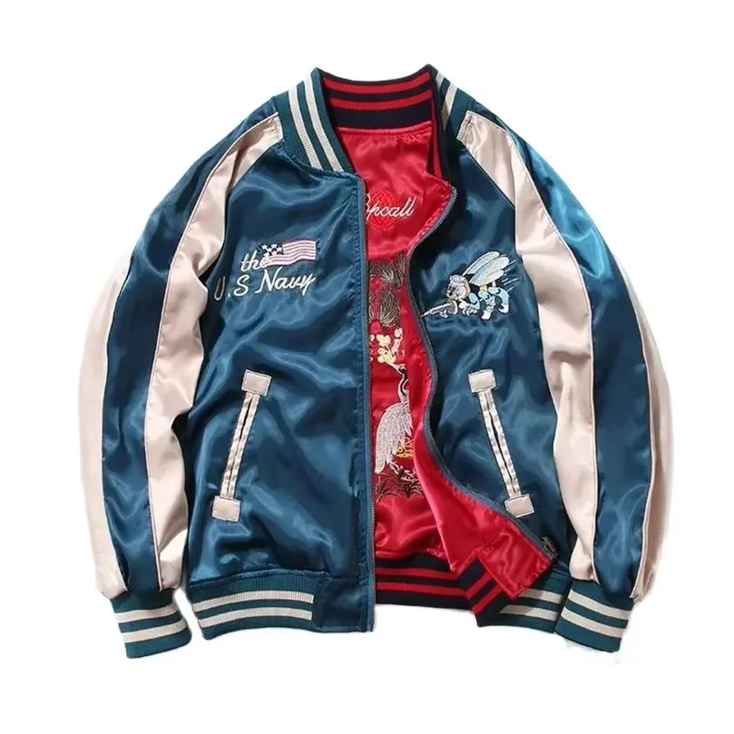Herren Damen Satin-Stickerei-Jacke Sukajan Retro Oversize Paar-Mantel Koreanisch Frühling Herbst 2026