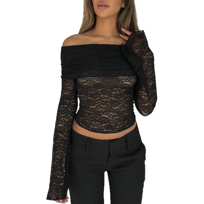 

Чистый цвет, кружевной топ Bared Long Sve Bal, женская футболка, модная облегающая повседневная одежда в европейском стиле