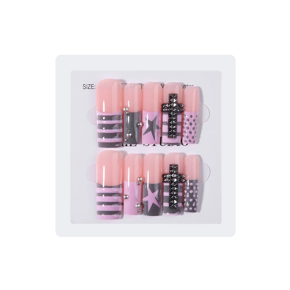 10-piece handcrafted Y2K-style rectangular 3D gel polka dot French manicure stickers, with star and pearl decorations included view 5