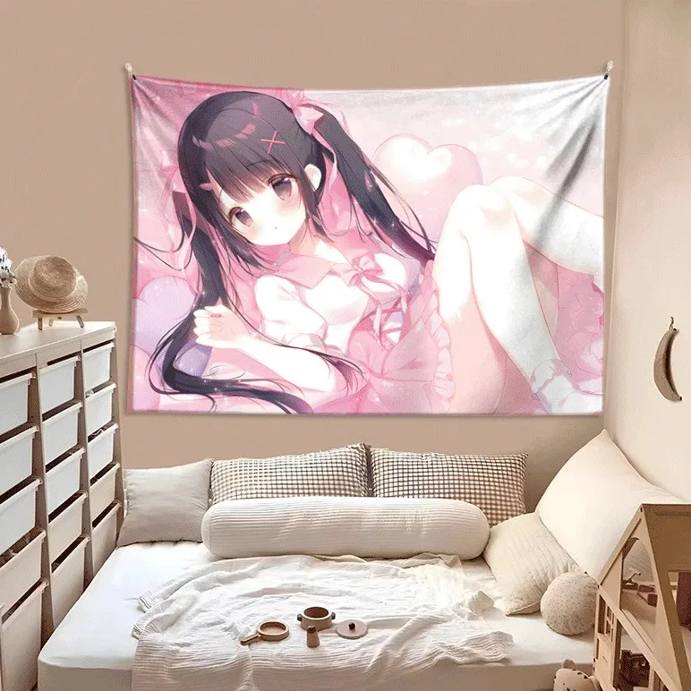 VIKAMA Kawaii Rosa Anime-Mädchen Wandteppich mit Doppel-Pferdeschwanz Ästhetischer Wandbehang für Schlafzimmer Y2K Raumdekoration