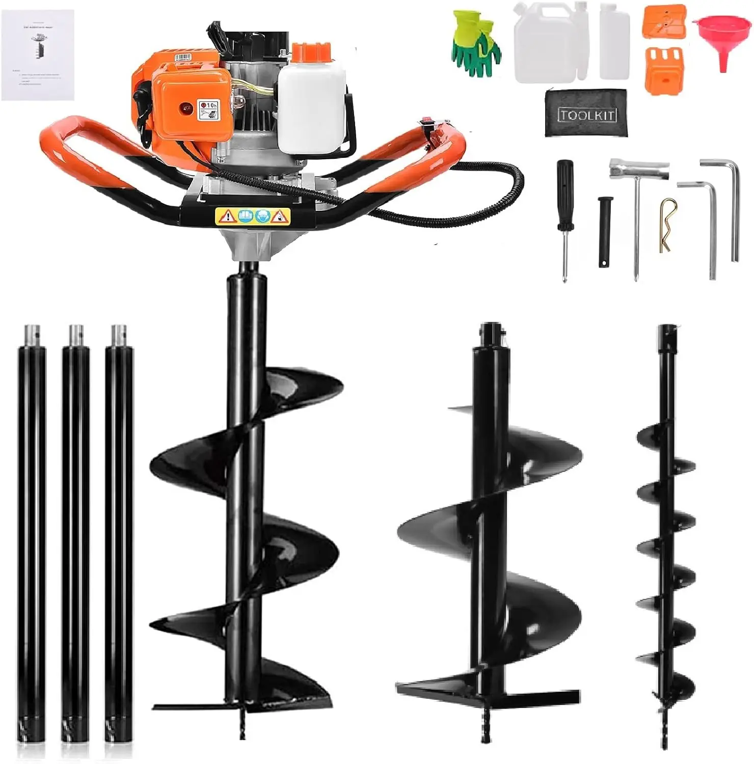 62Cc Auger Post Hole Digger, 2 Stroke Gas Powered Earth Post Hole Digger With 3 Auger Drill Bits(5'' & 6'' & 8'') + 3 Extension