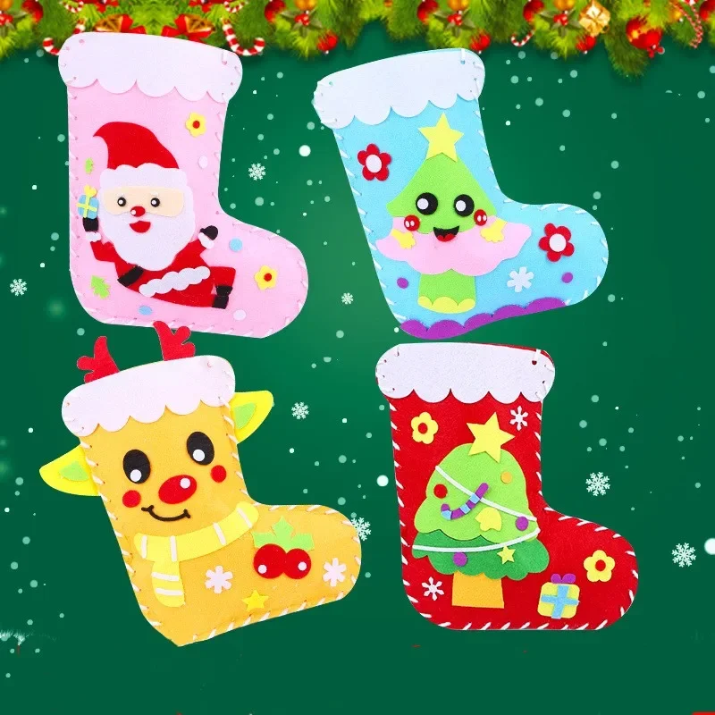 Children DIY Christmas Material Bag Toys Kindergarten Creative Educational Handmade Cartoon Xmas Sock Cap Craft Kit Toy for Kids