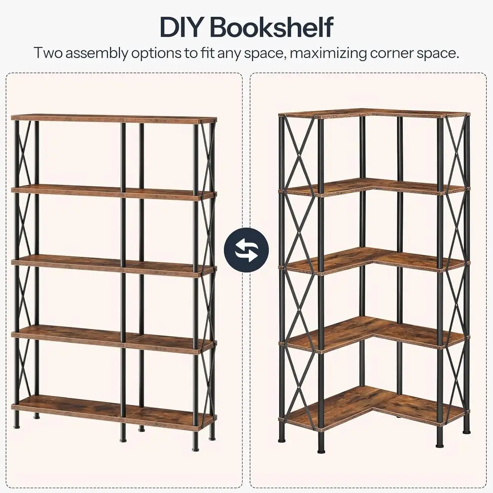 5-Tier L-Shaped Bookshelf, Industrial Style Open Display Storage, Tall Rack for Living Room/Home Office, Rustic Brown & Black