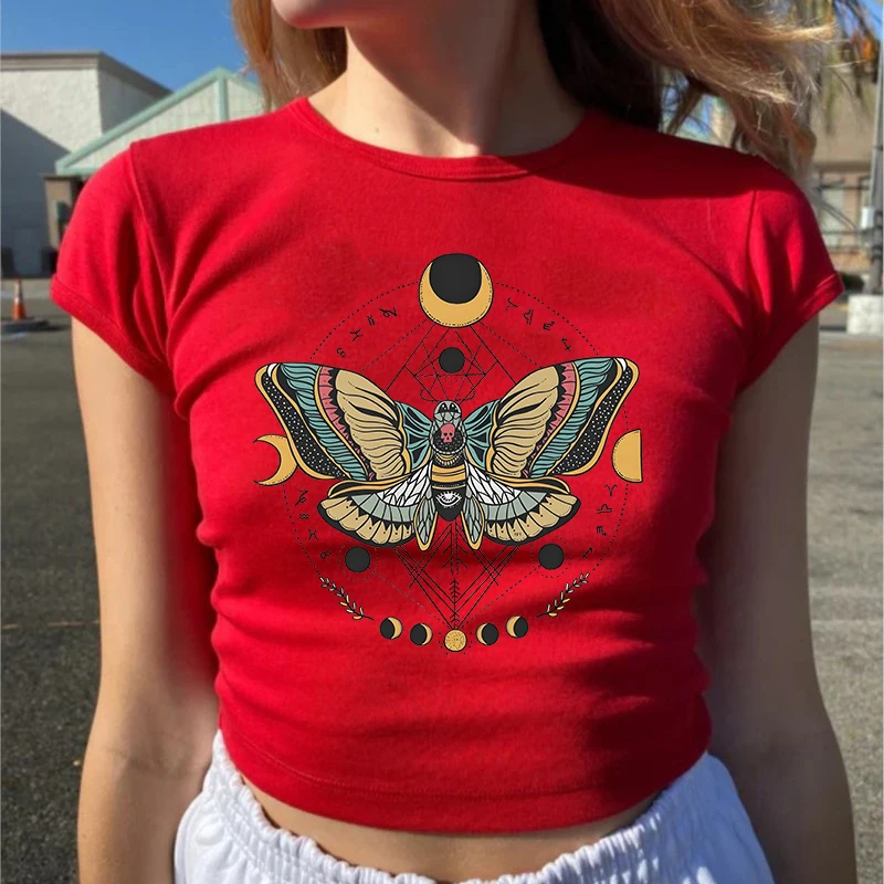 Y2K Streetwear Crop Top Harajuku Aesthetic Butterfly Printing Graphic Punk Grunge Baby Tee Vintage Short Sleeve T-shirts Fashion