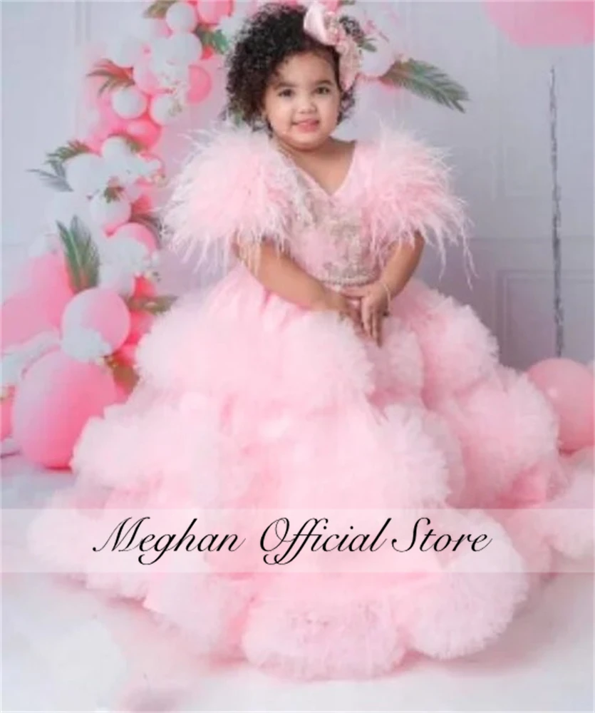 Pink V Neck Long Flower Girl Dresses Feathers Ruffles Communion Gown Ruffles Pageant Gown Tiered Birthday Party Dress Customized