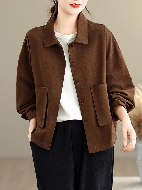 カジュアルなコットンワークウェア、またはジャケット、女性用、秋、大きいサイズ、ゆったりフィット、襟付き、長袖、オープンカーディガン、トップス、芸術的な斜め...