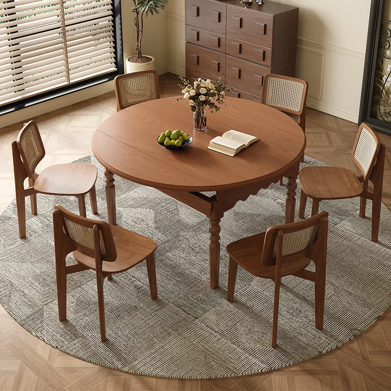 Solid wood dining table and chairs round table eating table household square becomes rash wood small apartment American foldable