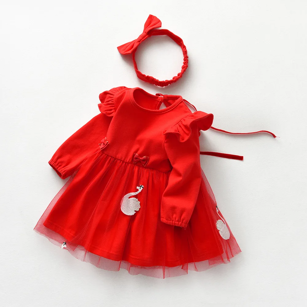 

2025 Autumn Winter Baby Girl Long Sleeve Princess Dress Red Party Outfit for Celebration Birthday Party Cute Newborn Frock